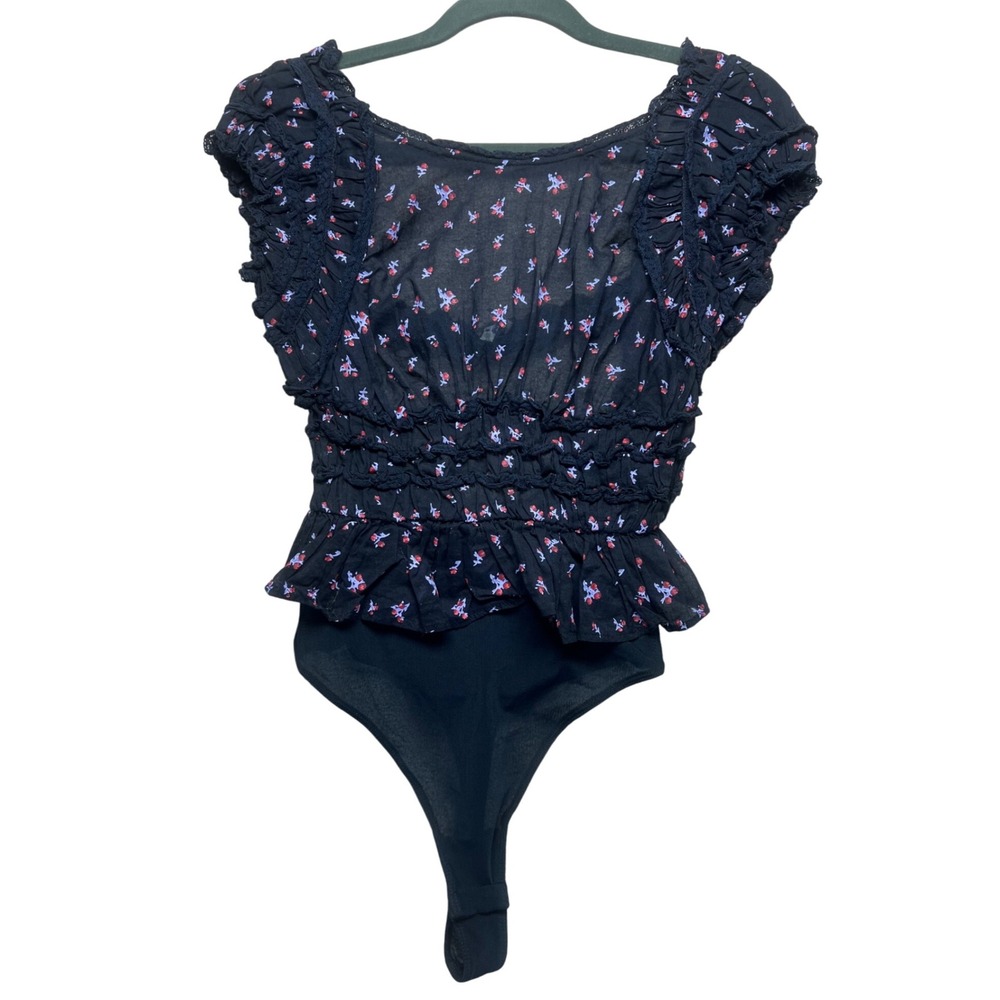 Free People Black Floral Ruffle Smocked Peplum‎ Bodysuit Women's XS Sheer